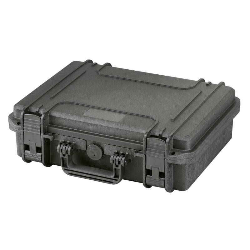 The MAX380H115 is a closed, hard-shell black watertight case with a sturdy handle, secure latches, and a pressure release valve, designed to safely transport sensitive equipment.