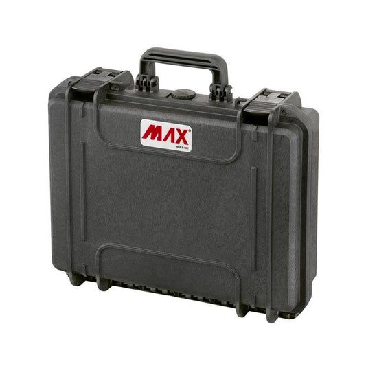 The MAX380H115 is a black hard plastic watertight case with a handle, secure latches, and a red and white MAX logo on the front.