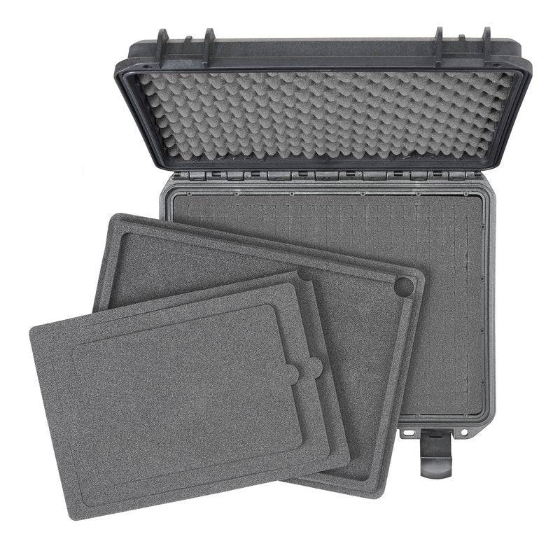 The MAX380H115 Laptop Case is a hard, watertight case with a foam-lined lid, three removable foam inserts, a pressure release valve for safety, and a stackable interlocking design for easy storage.