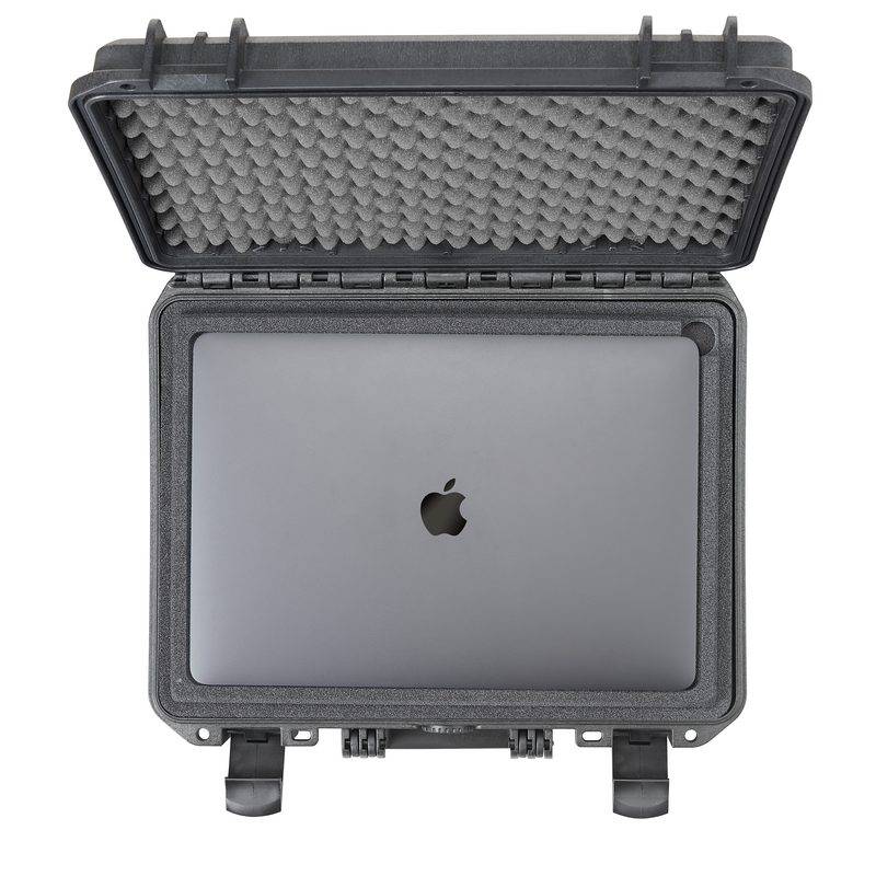 The MAX380H115 Laptop Case is an open, hard watertight case with a foam-lined lid, holding a closed Apple MacBook laptop and providing durable protection from spills and impacts.