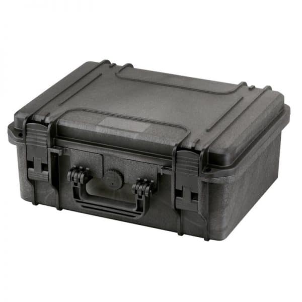 The MAX380H160, a black hard plastic protective case featuring secure latches, a handle, and a pressure release valve, is shown closed on a plain background.