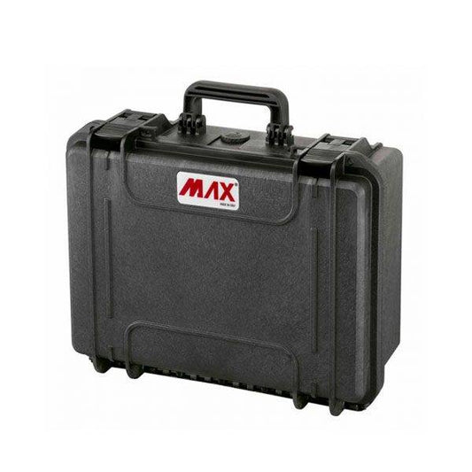 The MAX380H160 is a black hard plastic carrying case with handle and secure latches, featuring a red and white MAX logo. It is watertight and includes a pressure release valve for extra protection.
