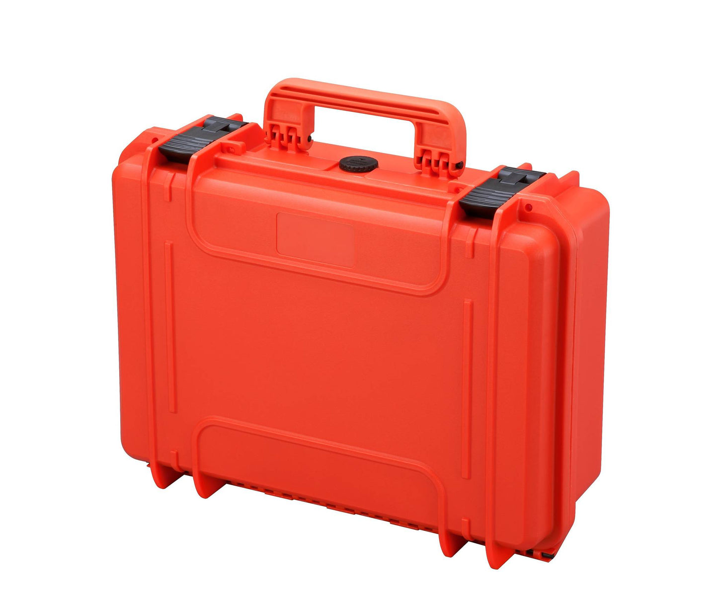 The MAX430 is a bright orange hard plastic carrying case with a handle, black latches, and a watertight seal, shown against a white background.