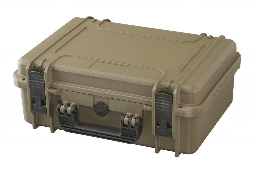 The MAX430 is a closed hard-shell olive green protective case featuring a black carrying handle, secure front latches, and a watertight seal for extra protection.