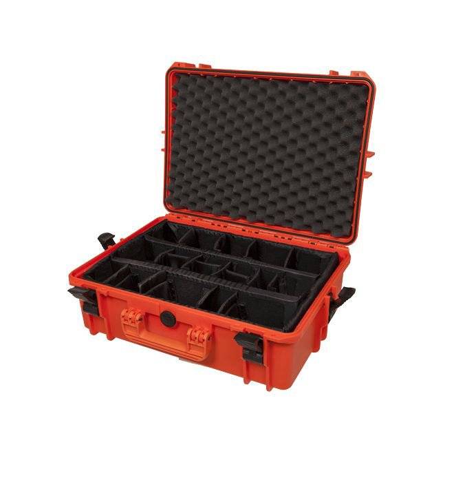 The MAX430CAM Camera Case is an open orange case with foam padding, adjustable dividers, and a watertight seal, designed to protect and organize photography gear during transport.