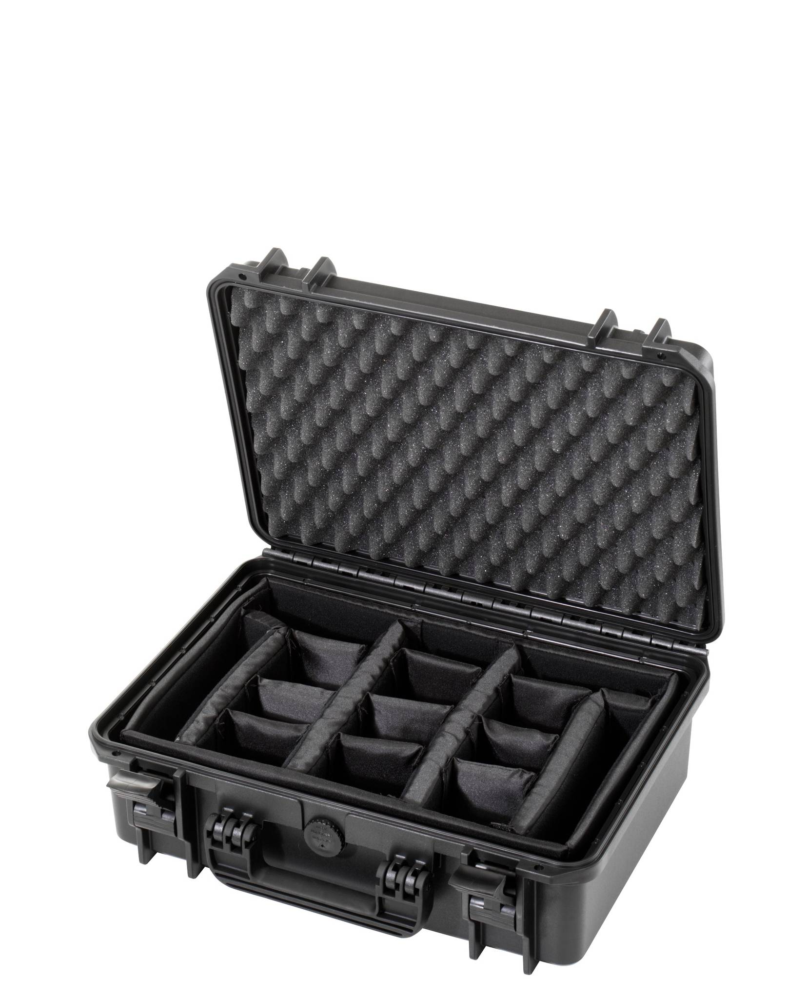 The MAX430CAM Camera Case is a hard-shell black case with a watertight seal, foam lid padding, and removable padded dividers, designed to organize and protect your photography equipment.