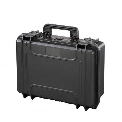 The MAX430CAM Camera Case is a black hard-shell case with a handle, secure latches, padded organizer, and watertight seal, displayed on a plain white background.