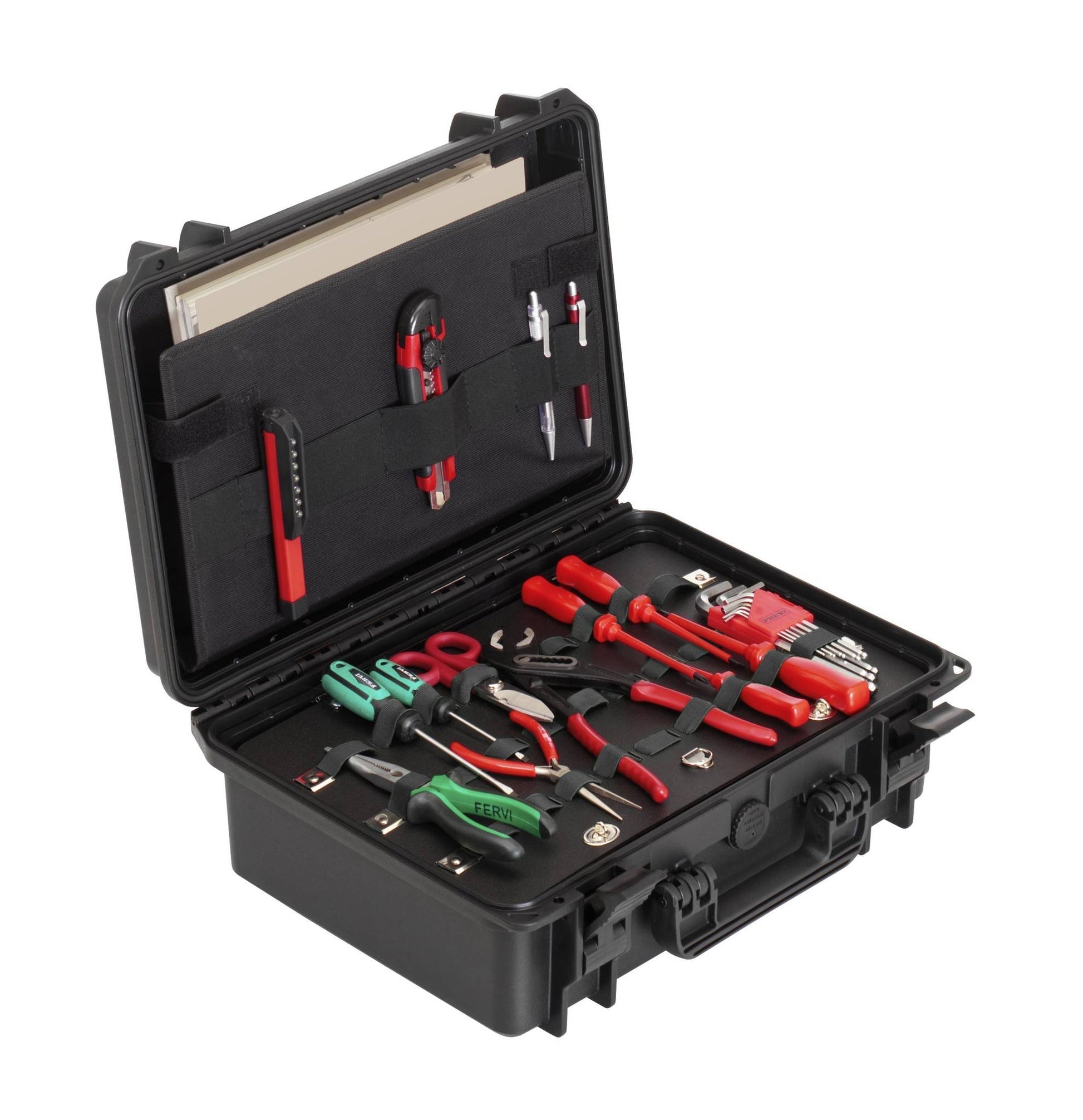 The MAX430PU Tool Case is an open black storage case with assorted hand tools—pliers, screwdrivers, scissors, and a utility knife with red and green handles—neatly organized in compartments.