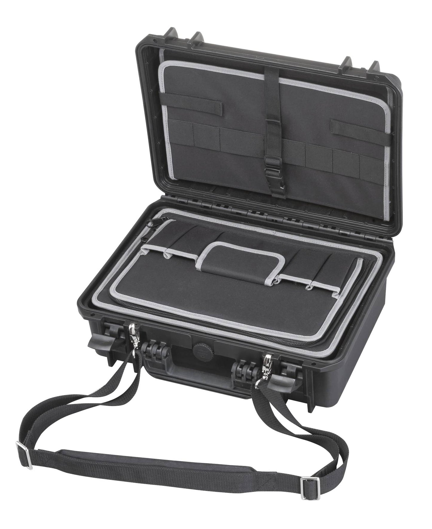 The MAX430TC Tool Case in black is open, displaying its organized waterproof interior with a handle, multiple pockets, and a convenient shoulder strap.