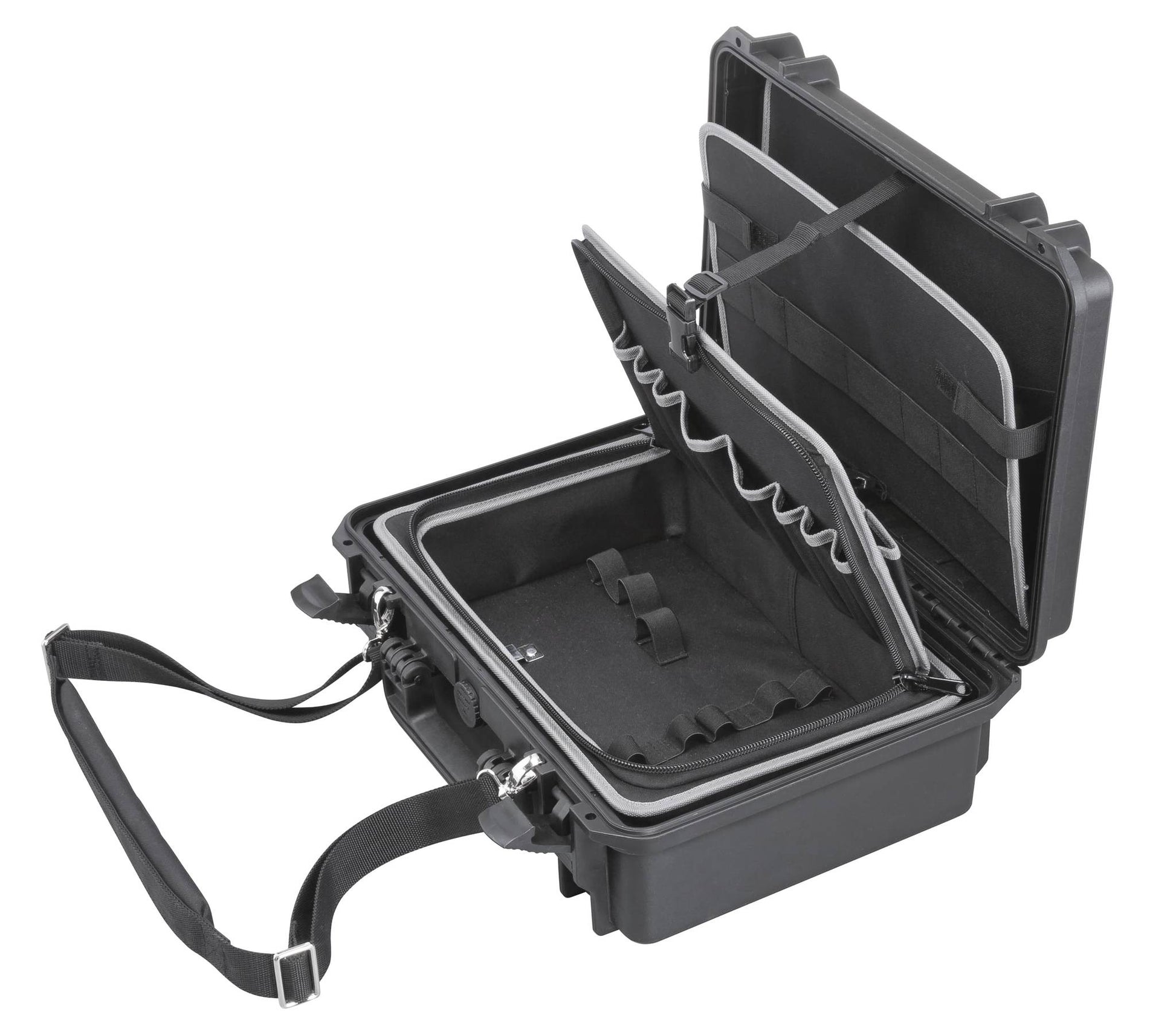 The MAX430TC Tool Case is a black hard-shell storage case with a shoulder strap, shown open to reveal multiple padded compartments and pockets. This waterproof case keeps your gear safe and organized wherever you go.