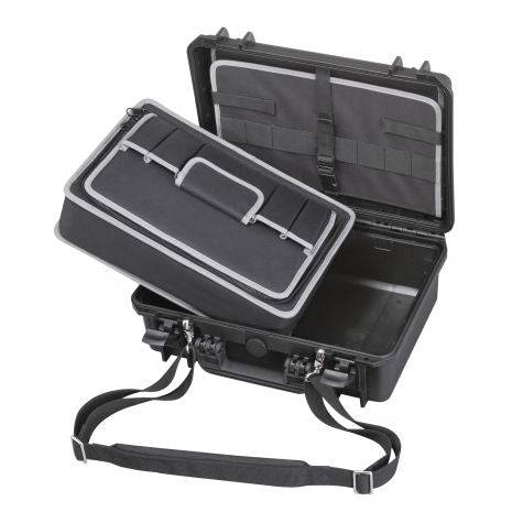 The MAX430TC Tool Case is a black waterproof case with a padded interior organizer tray that lifts out to reveal an empty compartment below, and it includes an attached shoulder strap.