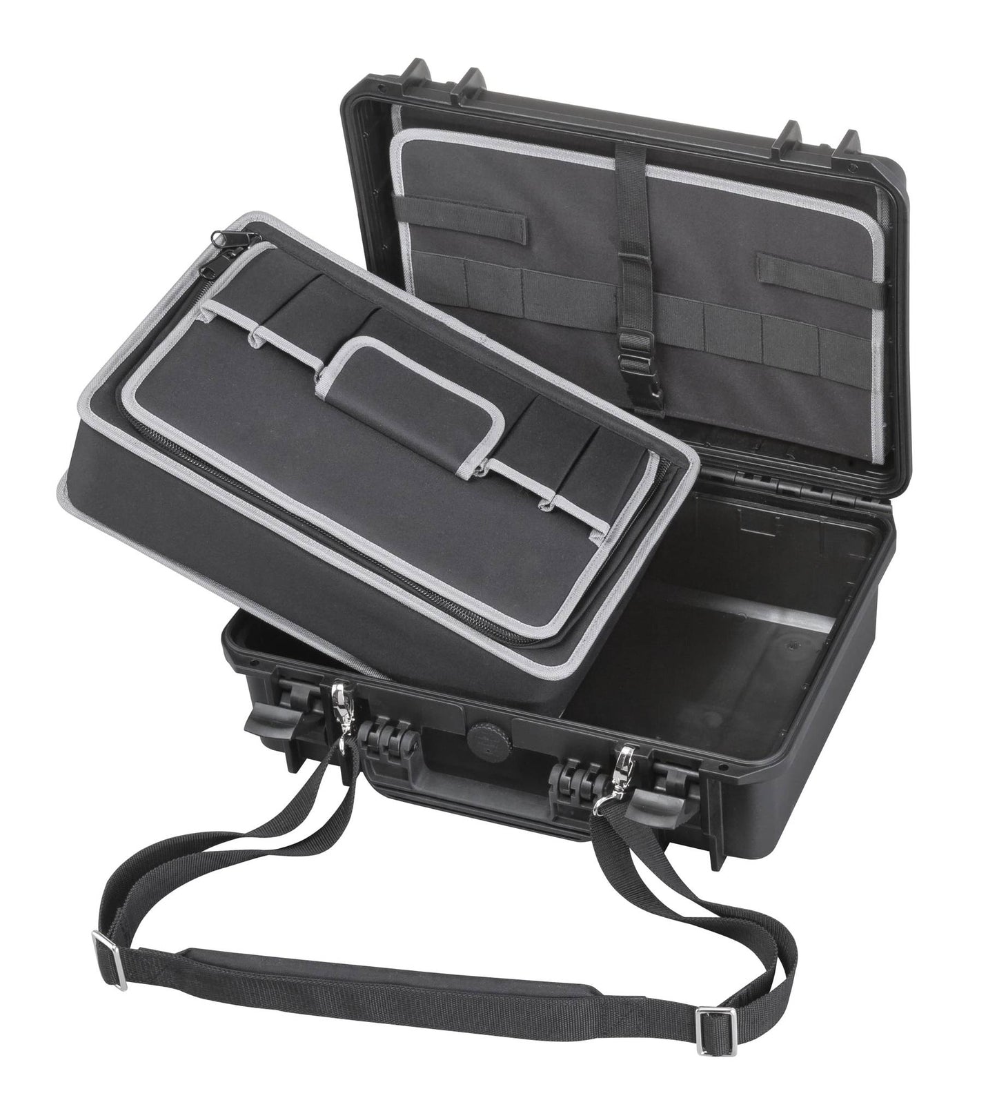 The MAX430TC Tool Case is a black hard-shell IP67 case with an open lid, featuring a removable inner tray and a padded shoulder strap attached to the sides.