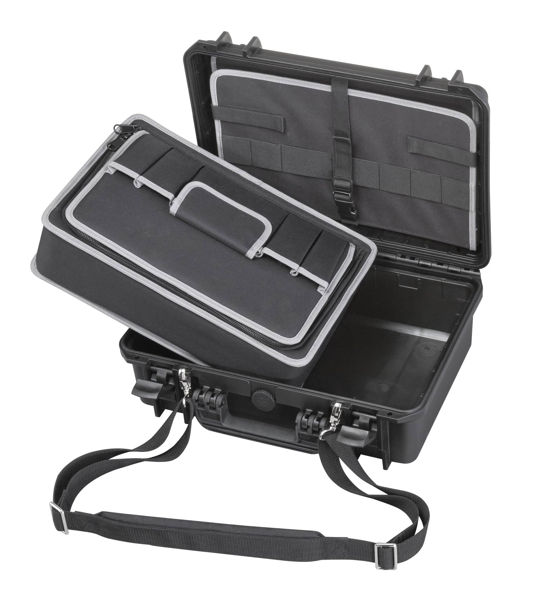 The MAX430TC Tool Case is a black hard-shell IP67 case with an open lid, featuring a removable inner tray and a padded shoulder strap attached to the sides.