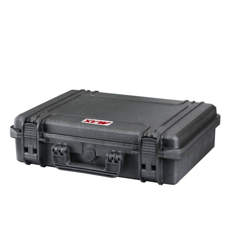 The MAX465H125 is a black hard-shell watertight case with a handle, secure latches, pressure release valve, and a red and white MAX label on the lid.
