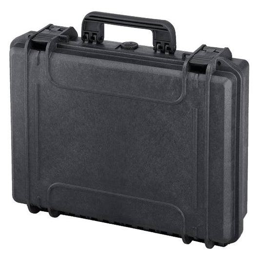 The MAX465H125 is a black watertight case with a handle and two secure latches, shown closed and upright, featuring a stackable interlocking system for easy transport and organization.