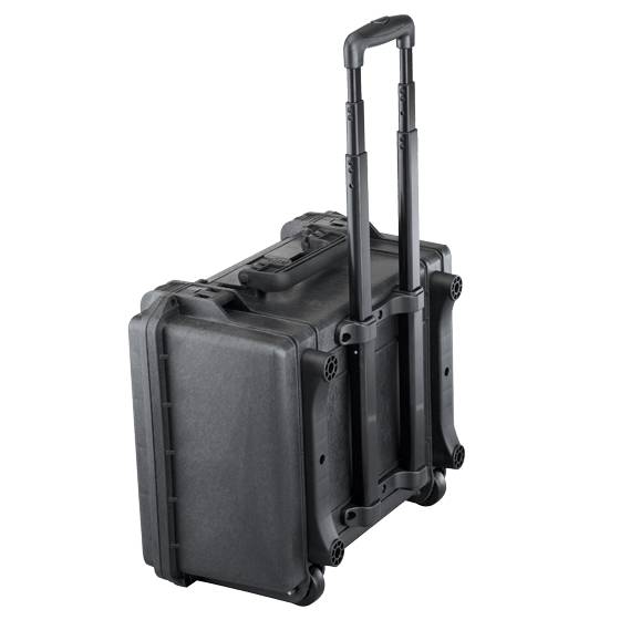 The MAX465H220TR With Wheels And Retractable Handle is a hard-shell black rolling watertight case with two wheels, a telescopic handle, and a pressure release valve, ideal for transporting equipment.