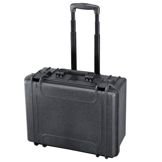 The MAX465H220TR With Wheels And Retractable Handle is a hard-shell black rolling suitcase with a telescopic handle and watertight case design, shown against a white background.