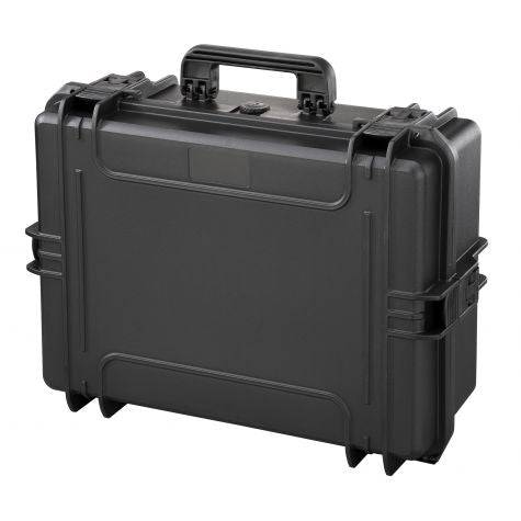 The MAX505 is a black hard plastic carrying case with a handle and secure latches, shown closed on a white background. Dust proof, it features an automatic pressure release valve for extra protection.