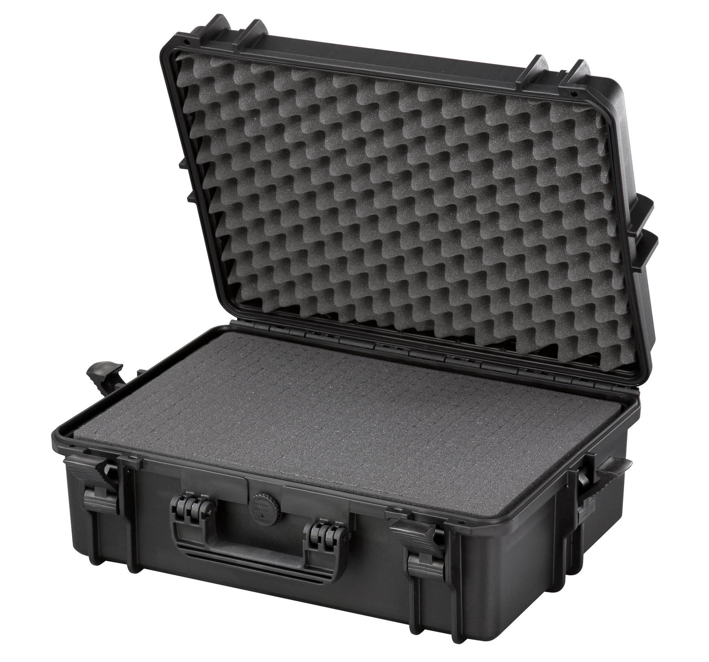 The MAX505 is a black hard shell watertight protective case with foam padding and an automatic pressure release valve, pictured open on a white background.