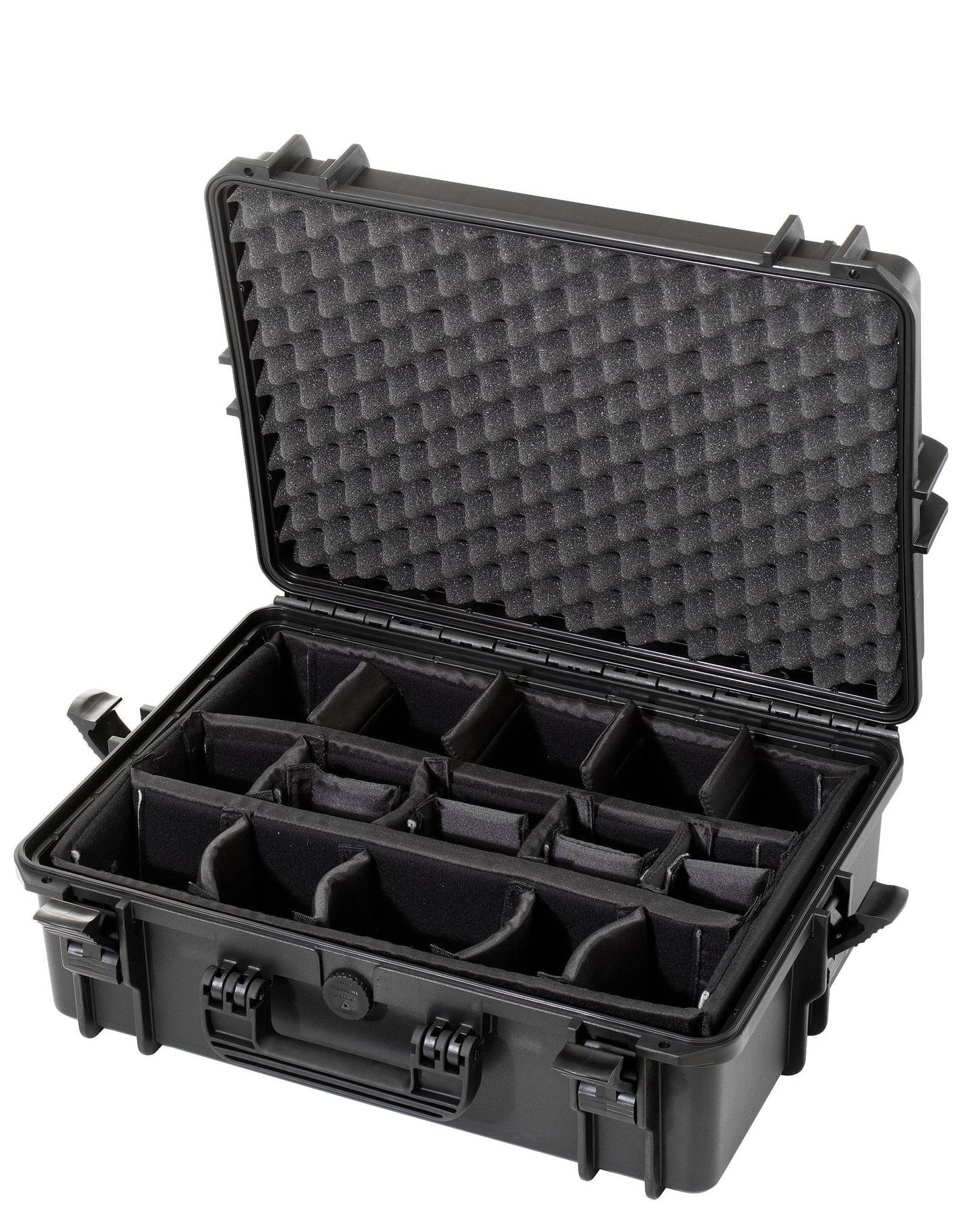 The MAX505 is a black hard-shell, dust-proof case shown open, featuring foam padding and multiple adjustable compartments inside.
