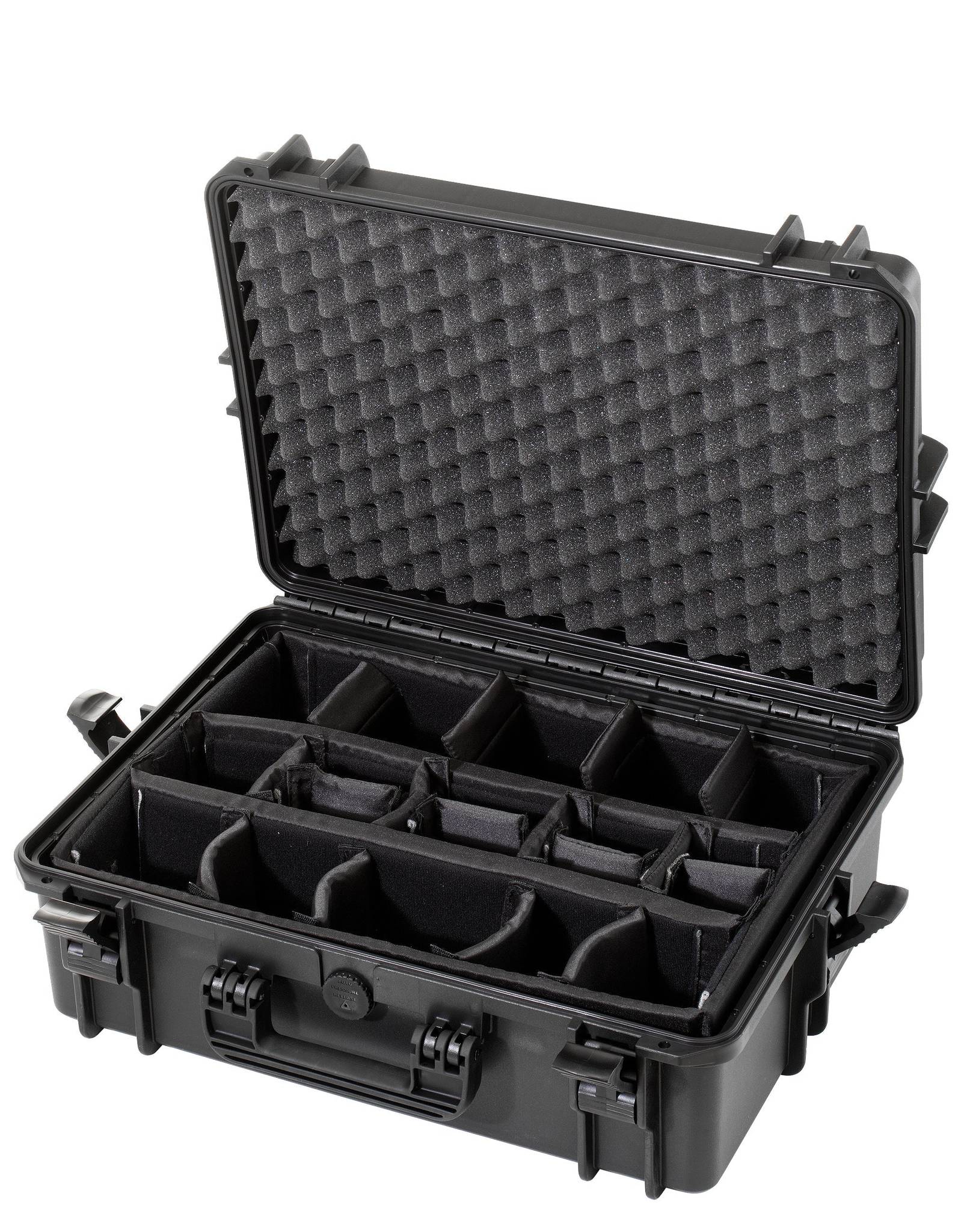 The MAX505 is a black hard-shell, dust-proof case shown open, featuring foam padding and multiple adjustable compartments inside.