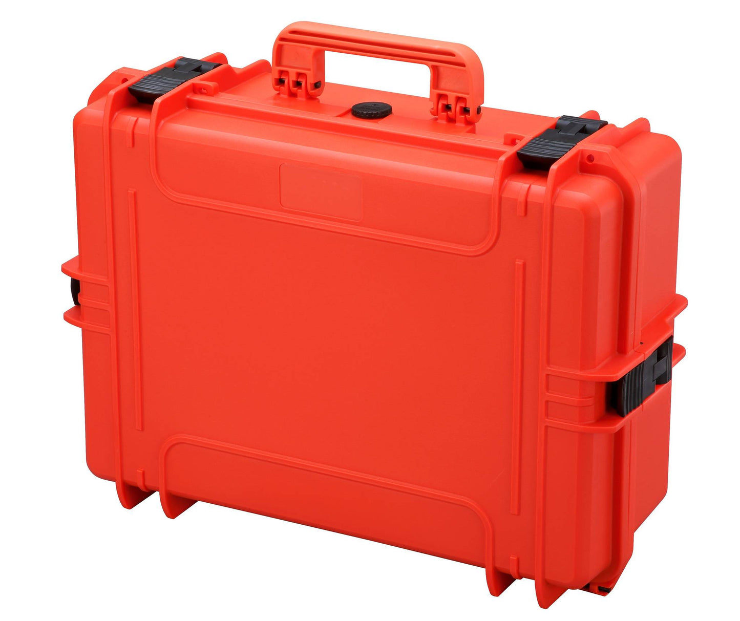 The MAX505CAM Camera Case is a bright orange, hard plastic watertight case with a handle, black latches, and a pressure release valve. Shown closed and upright against a white background.