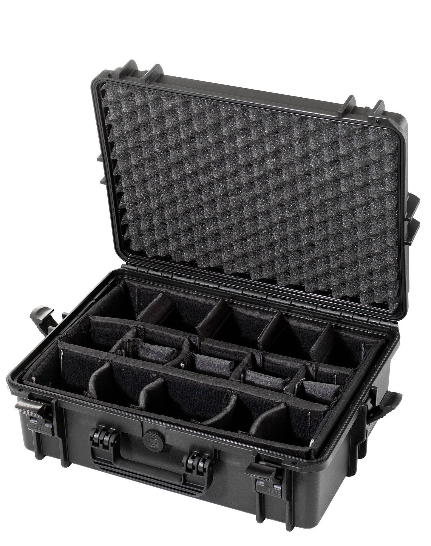 The MAX505CAMTR Camera Case With Wheels and Retractable Handle is a hard-shell black watertight case, open to reveal foam padding in the lid and multiple adjustable compartments inside.