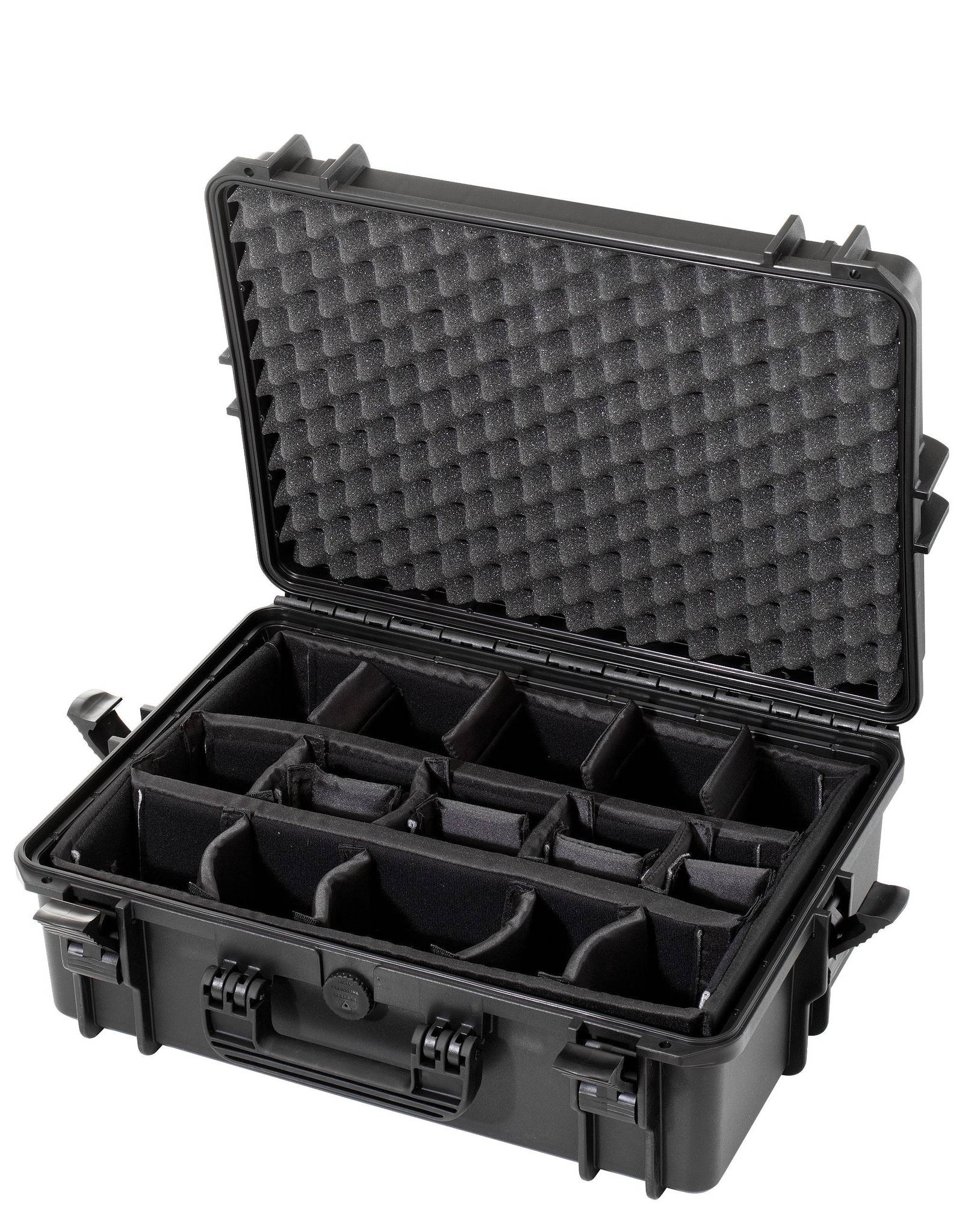 The MAX505CAMTR Camera Case With Wheels and Retractable Handle is a hard-shell black watertight case, open to reveal foam padding in the lid and multiple adjustable compartments inside.