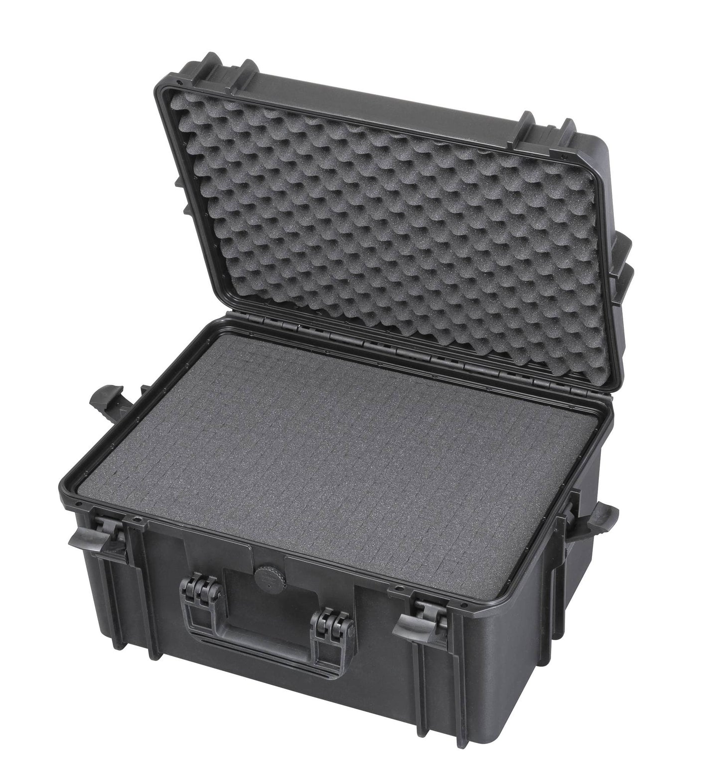 The MAX505H280 is a black polypropylene protective case with foam padding, shown open with an empty interior and a front handle.