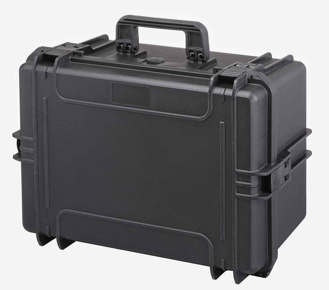 The MAX505H280TR is a black, hard-shell polypropylene tool case with wheels, retractable handle, secure latches, and watertight design, shown against a plain white background.