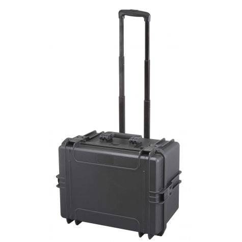 The MAX505H280TR With Wheels And Retractable Handle is a black hard-shell rolling suitcase, similar to a protective case, with the telescopic handle extended, shown on a white background.