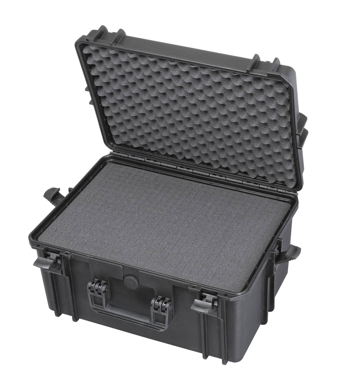 The MAX505H280TR With Wheels And Retractable Handle is a black polypropylene storage box with foam padding and an open lid, serving as a durable protective case.