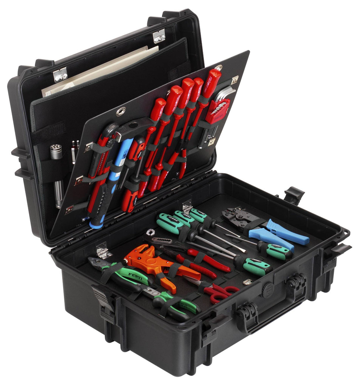The MAX505PU Tool Case, in black, features a stackable interlocking design and neatly organizes hand tools—screwdrivers, pliers, and wrenches—in dedicated compartments and holders inside the case.