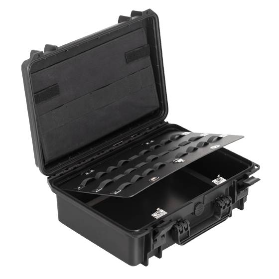 The MAX505PU Tool Case, in black, is open to show a foam-lined lid and a sectioned interior with a removable tray, individual slots, and a pressure release valve for watertight protection.