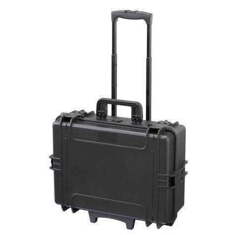The MAX505PUTR Tool Case With Wheels and Retractable Handle is a black, heavy-duty case with a hard shell, side latches, and extended telescopic handle for robust protection and easy transport of your tools.