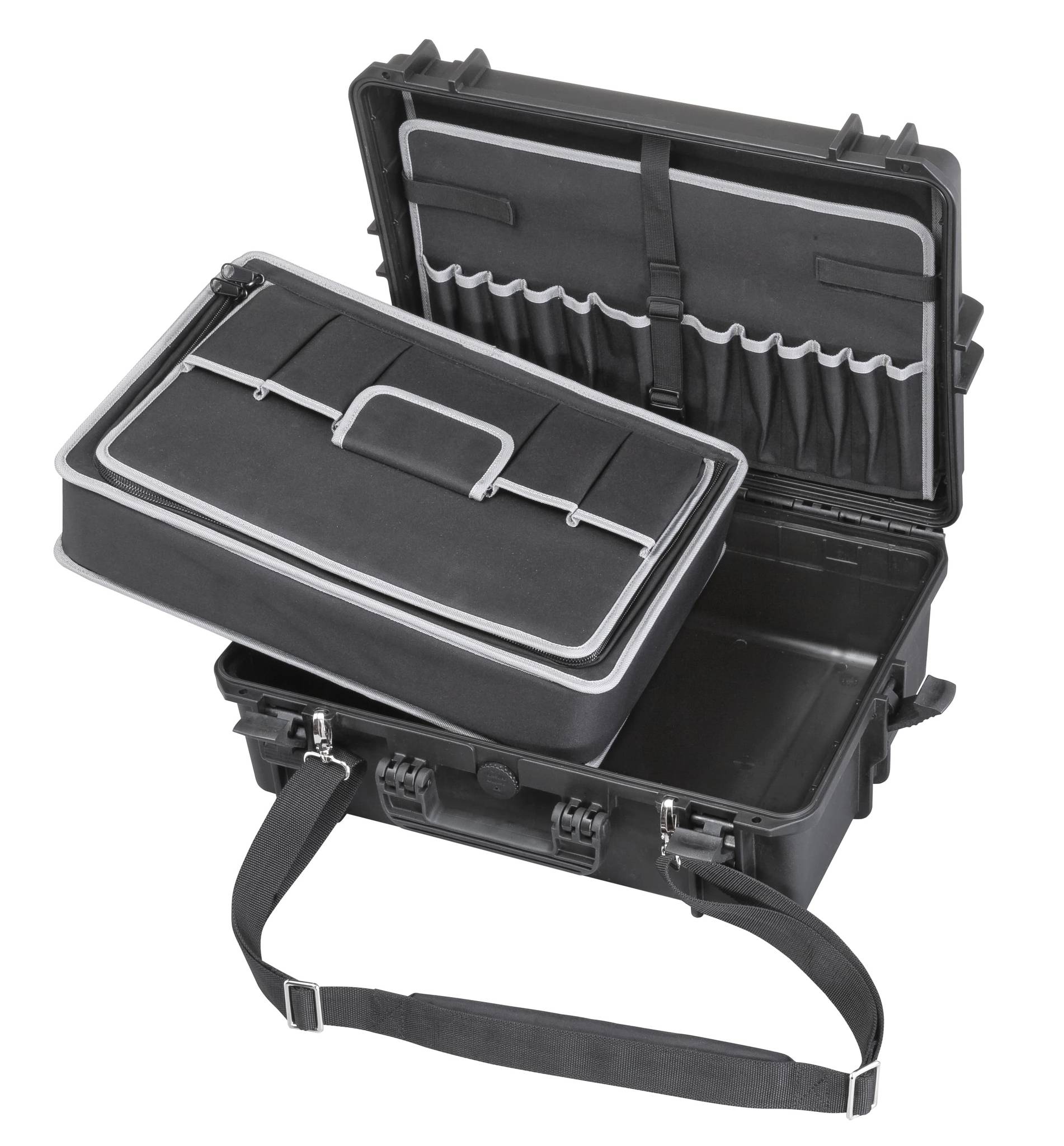 The MAX505TC Tool Case is a rugged polypropylene case with a removable organizer tray, lid compartments, elastic tool holders, and an adjustable shoulder strap—perfect for organizing your tools.