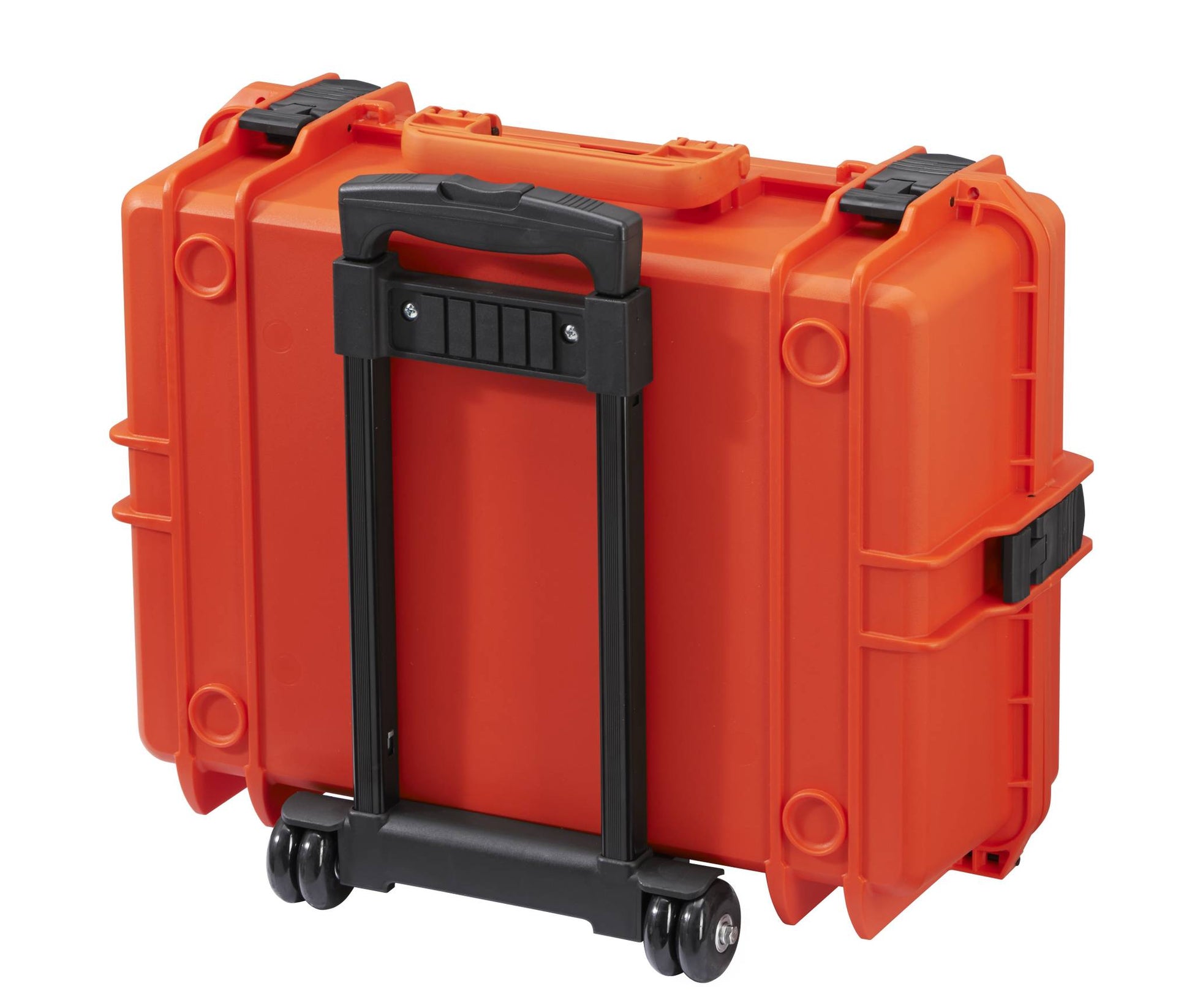 The MAX505TR With Wheels and Retractable Handle is an orange hard-shell watertight case with black latches, a pressure release valve, two wheels, and stands upright for easy transport.