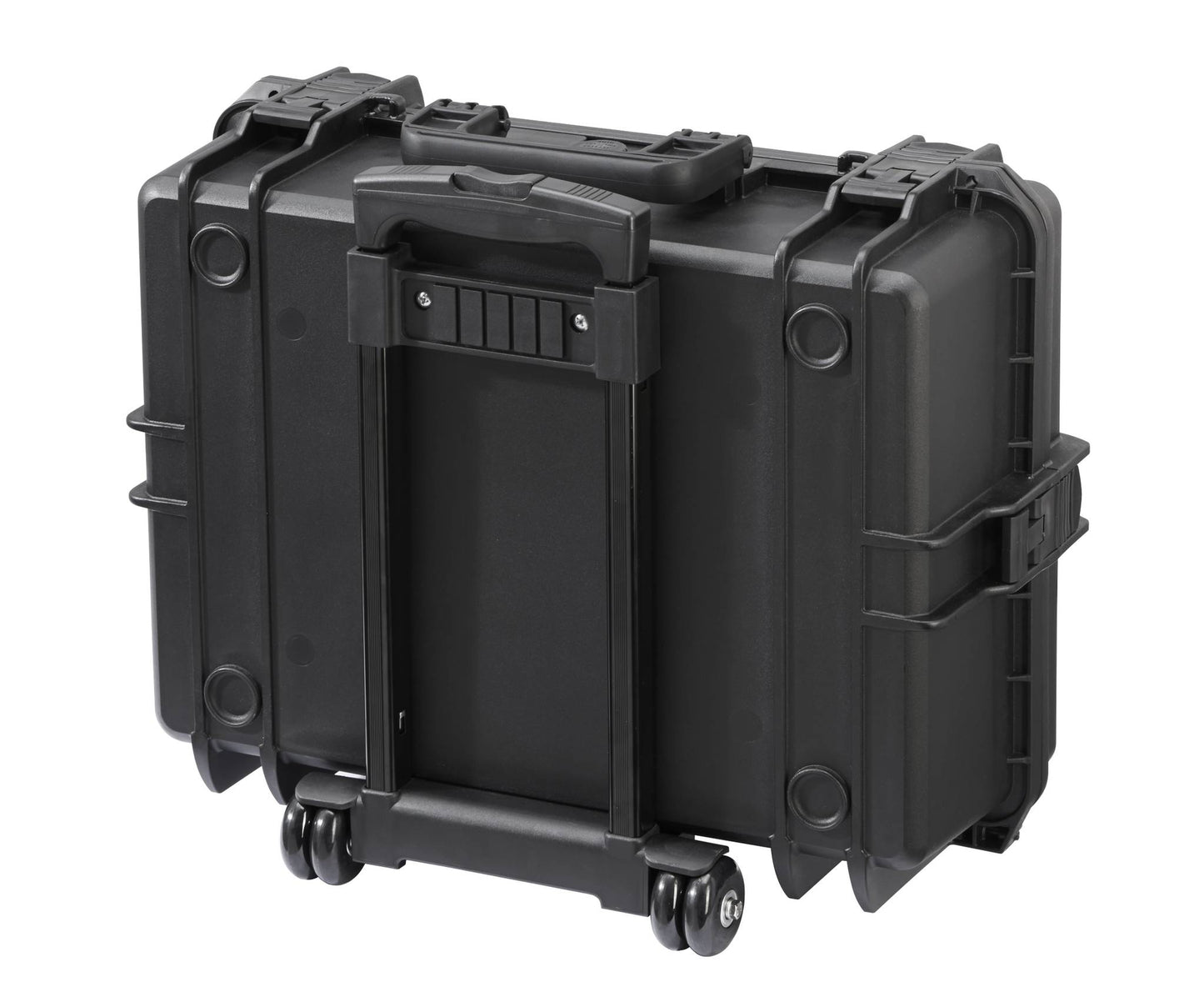 The MAX505TR With Wheels And Retractable Handle is a black hard-shell, watertight case for secure equipment transport, featuring a retractable handle, wheels, and a pressure release valve for air travel safety.