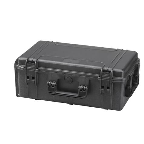 The MAX520 is a closed, hard-shell black protective carrying case with a handle, two front latches, and a pressure release valve for secure transport.