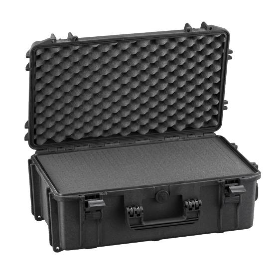 The MAX520 is a black hard-shell watertight case featuring an open lid with egg-crate foam inside, secure front latches, and a built-in pressure release valve for reliable protection.