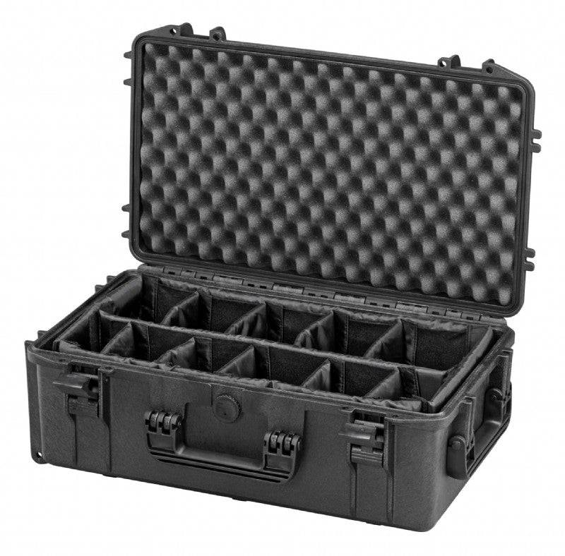 The MAX520CAMTR Camera Case With Wheels And Retractable Handle is a hard-shell black case featuring foam padding in the lid and adjustable padded compartments inside, shown with the lid open.