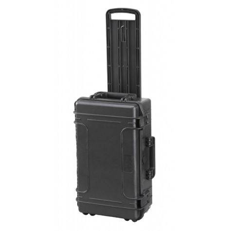 The MAX520CAMTR Camera Case features a black watertight design, positioned upright on its wheels with the retractable handle extended.