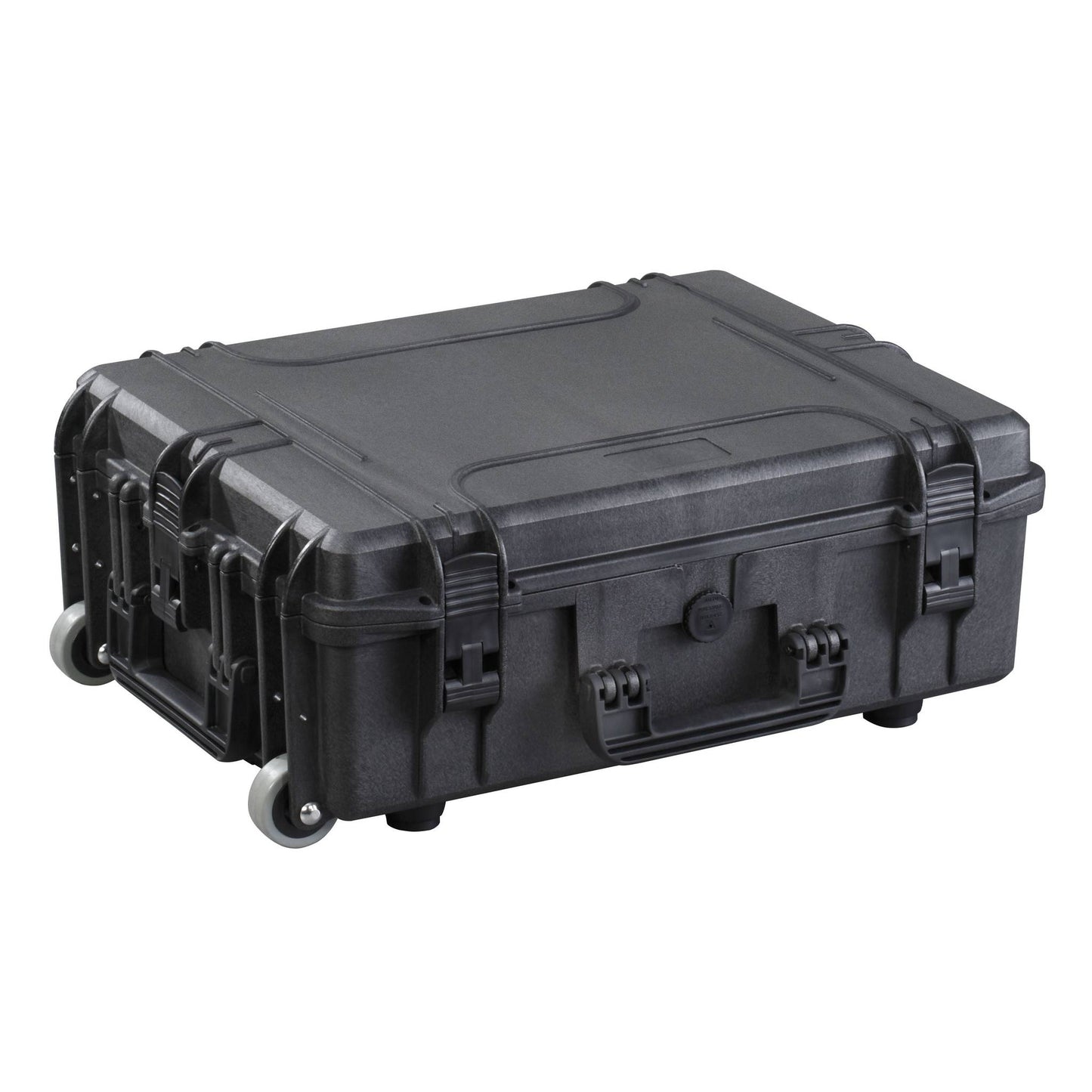 The MAX540H190 is a black, watertight case with a durable body, wheels, secure latches, and a side handle—ideal for safe transport of equipment or sensitive items.