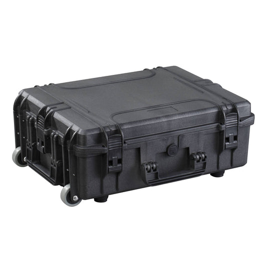 The MAX540H190TR is a large black hard-shell, watertight case with wheels, a retractable handle, secure latches, and a pressure release valve, shown on a white background.