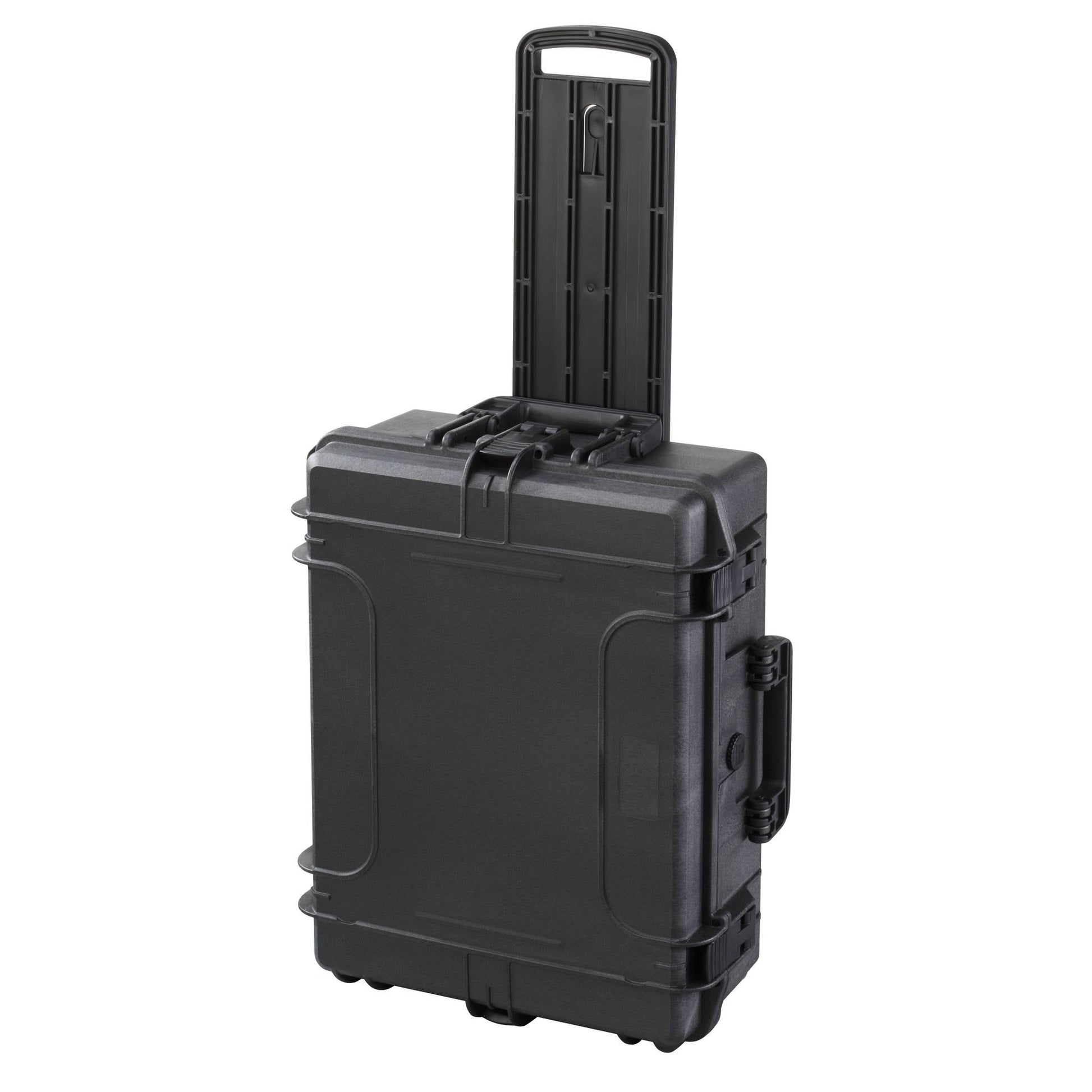 The MAX540H190TR With Wheels And Retractable Handle is a black hard-shell, watertight case with a retractable handle, pressure release valve, and stands upright for secure, reliable transport.