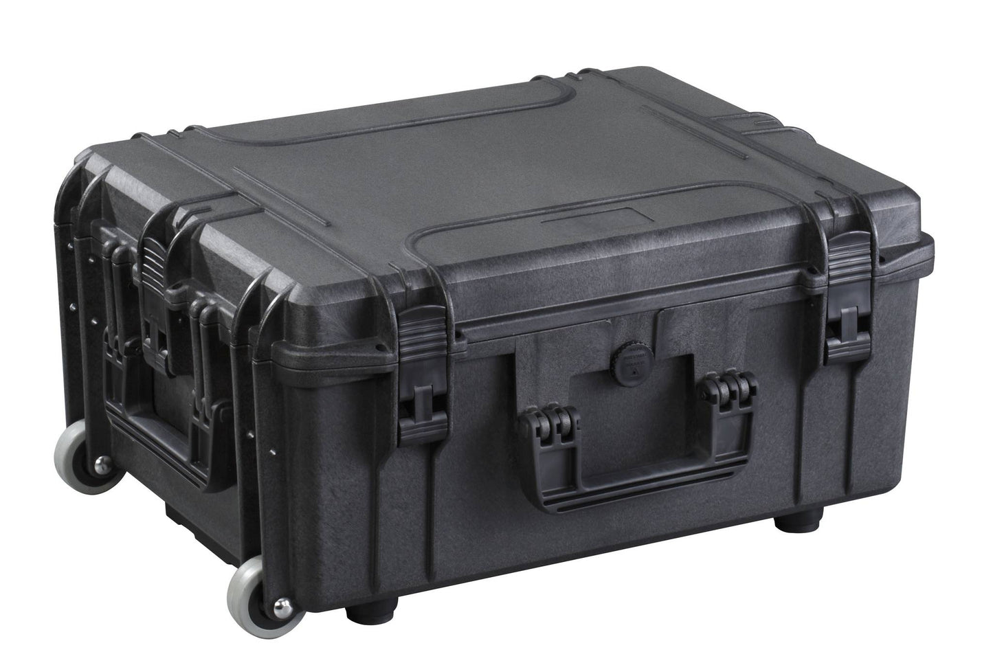 The MAX540H245TR is a large, hard-shell black rolling equipment case with a retractable handle, secure latches, wheels, and a stackable interlocking system, shown on a white background.