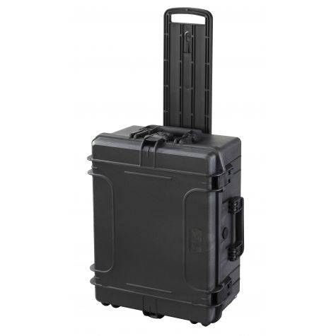 The MAX540H245TR With Wheels And Retractable Handle is a black hard-shell rolling case featuring a retractable handle and a stackable interlocking system, shown upright on its wheels.