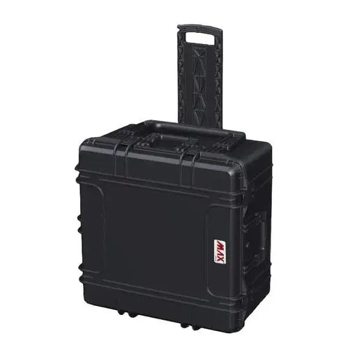 The MAX615TR With Wheels And Retractable Handle is a black hard-shell case with a pull-out handle, wheels, and a watertight seal for secure equipment transport.