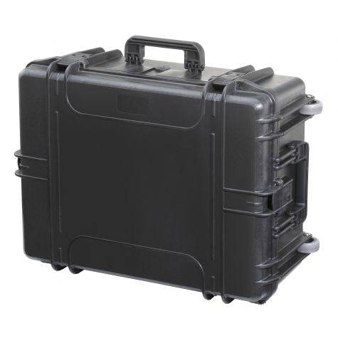 The MAX620H250, a black hard-shell watertight case with secure latches, handle, and pressure release valve, is shown closed against a plain background.