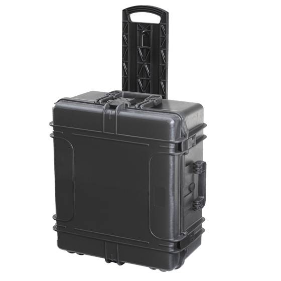 The MAX620H250TR With Wheels And Retractable Handle is a black watertight hard-shell rolling case featuring a pressure release valve, an extended telescopic handle, and upright two-wheel design.